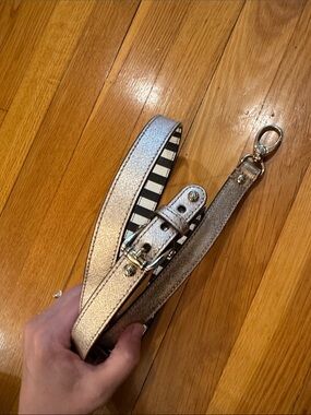 Henri Bendel Metallic Rose Gold Leather Dog Leash with BrownWhite Stripe Lining